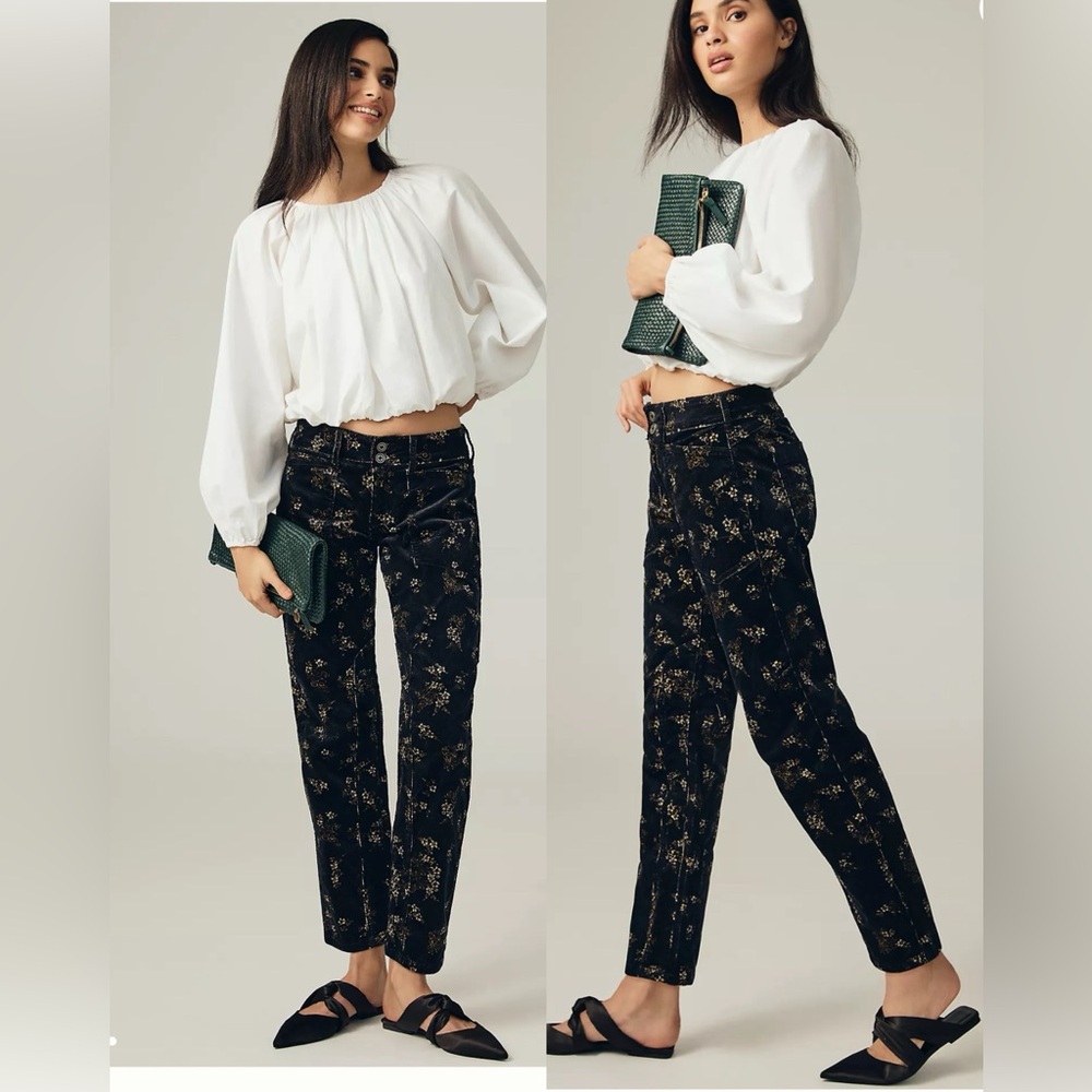 Anthropologie Black Floral Straight-Leg Pants